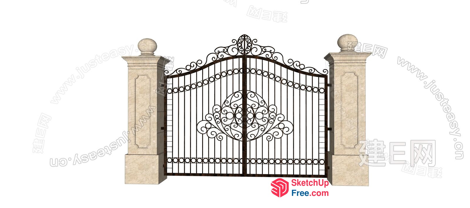 Ornate Black Metal Gate With Stone Pillars 3D SketchUp File