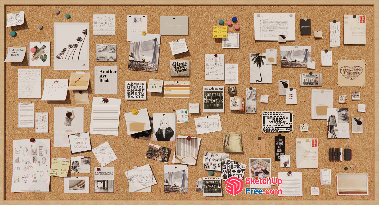 A Collection Of Notes And Images On A Bulletin Board 3D SketchUp File