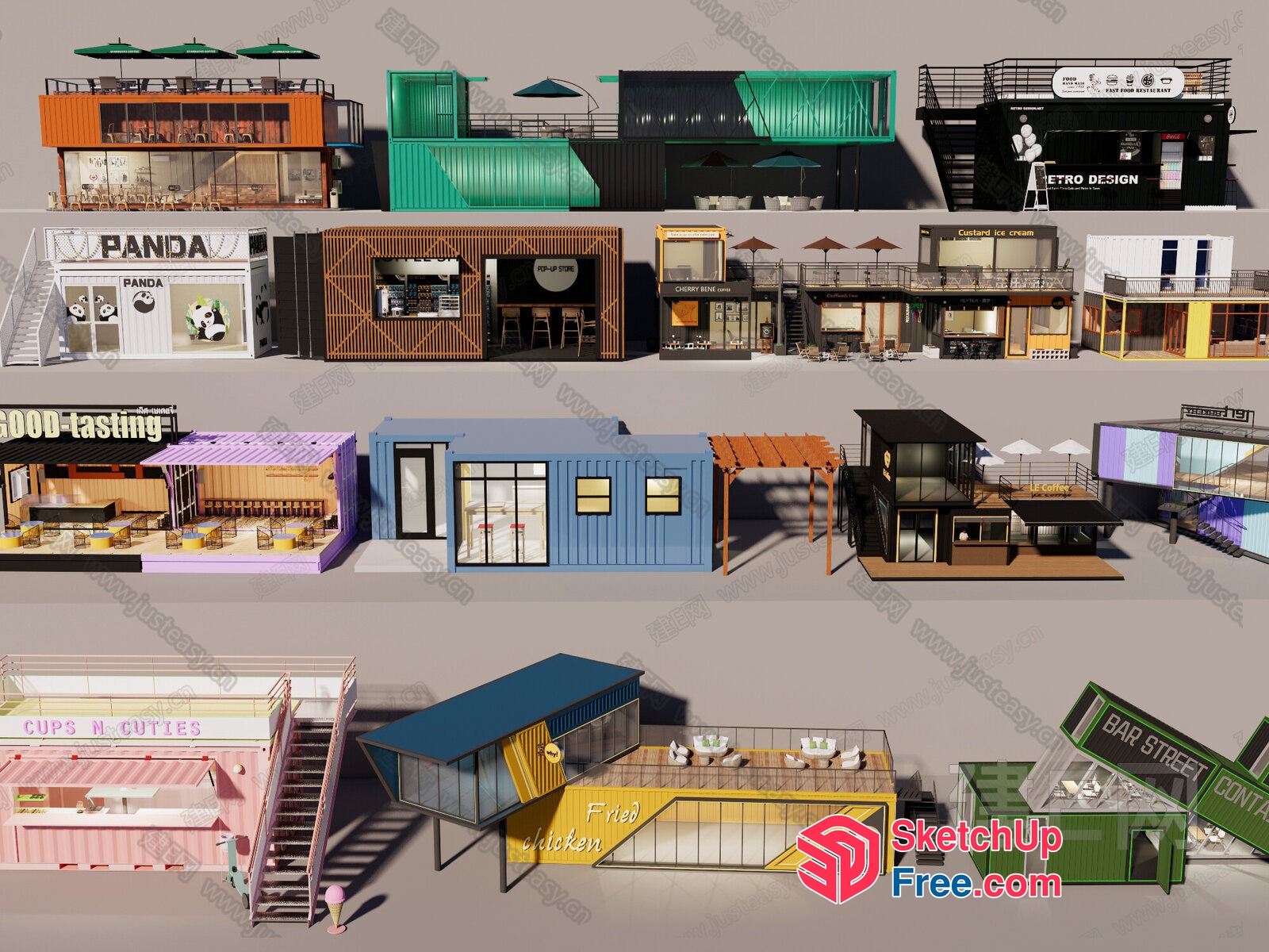 Modern Shipping Container Buildings And Shops 3D SketchUp File