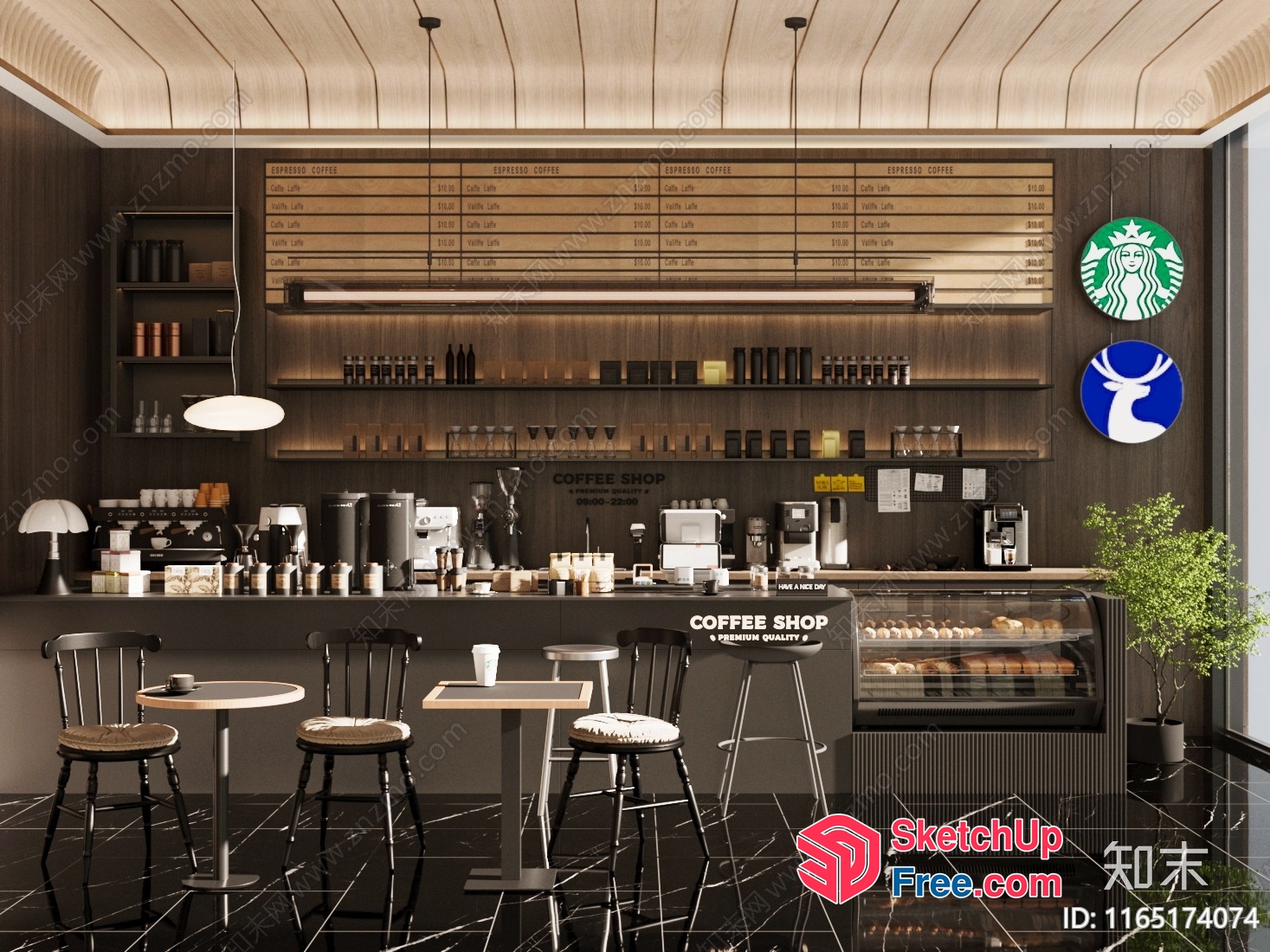 Modern Coffee Shop Interior With Dark Wood And Marble 3D SketchUp File
