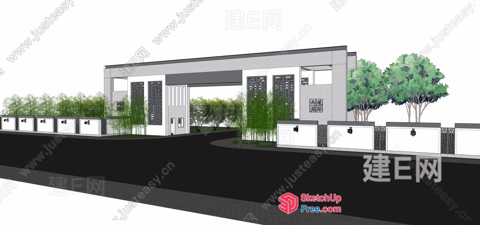 Modern Gray Exterior Building With Trees And Fence 3D SketchUp File