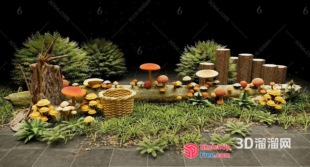Vibrant Mushroom Forest Scene With Log And Stumps 3D SketchUp File