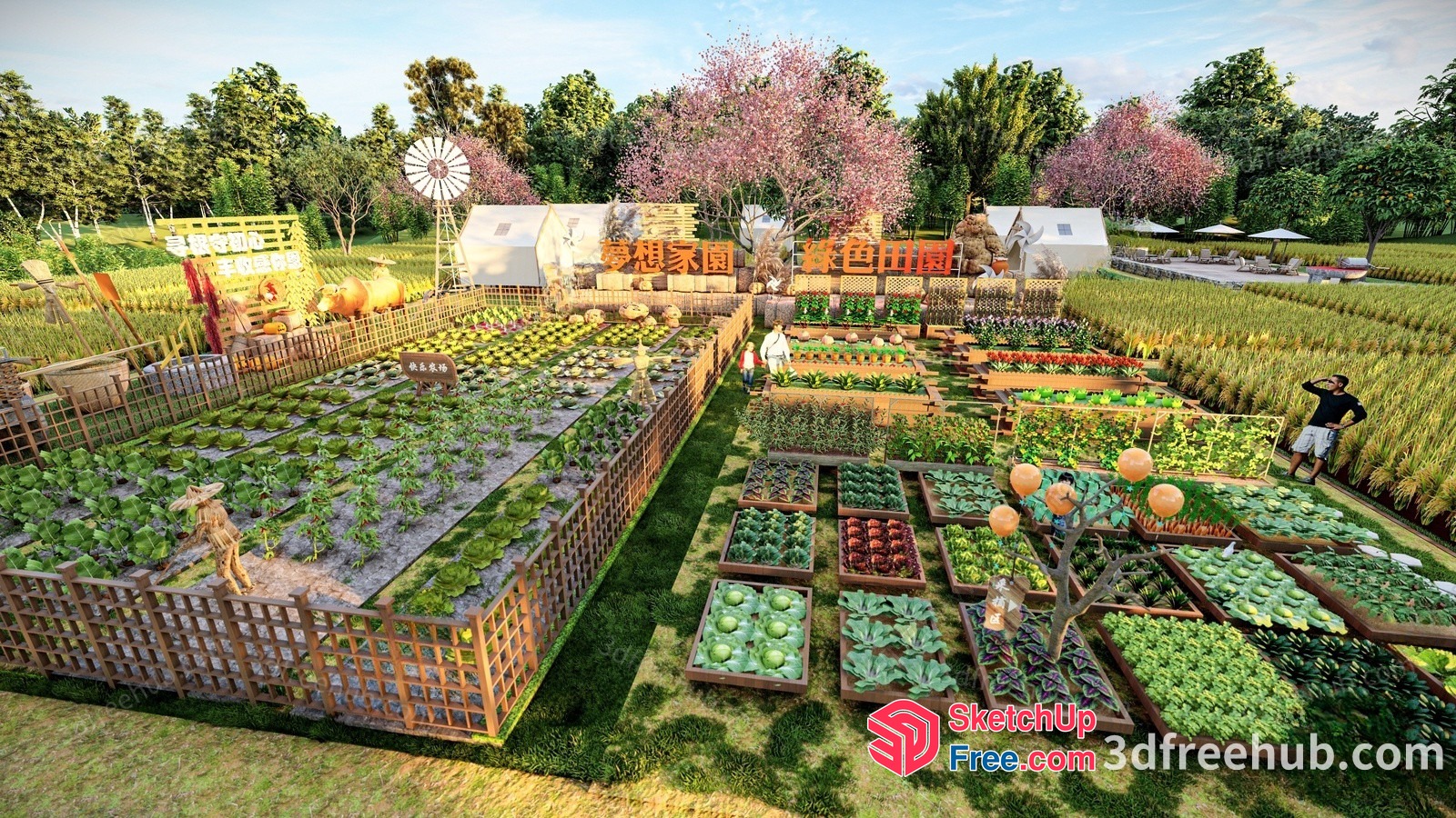 Colorful Vegetable Garden With Various Plants And Statues 3D SketchUp File