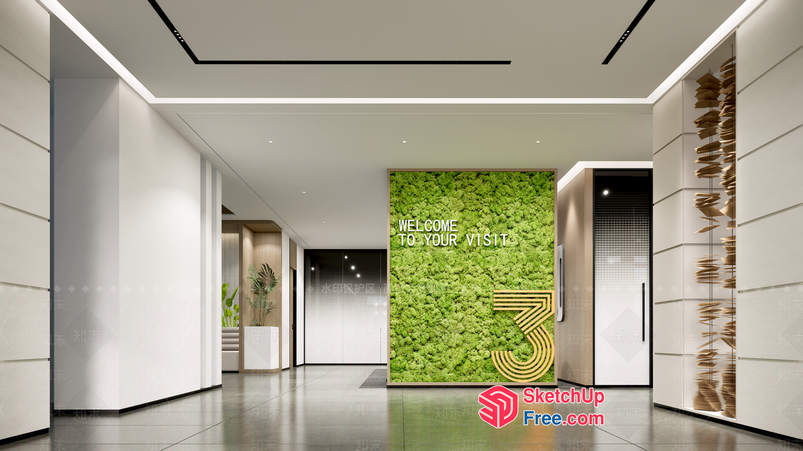 Modern Interior Design With Welcome Message And Green Wall 3D SketchUp File