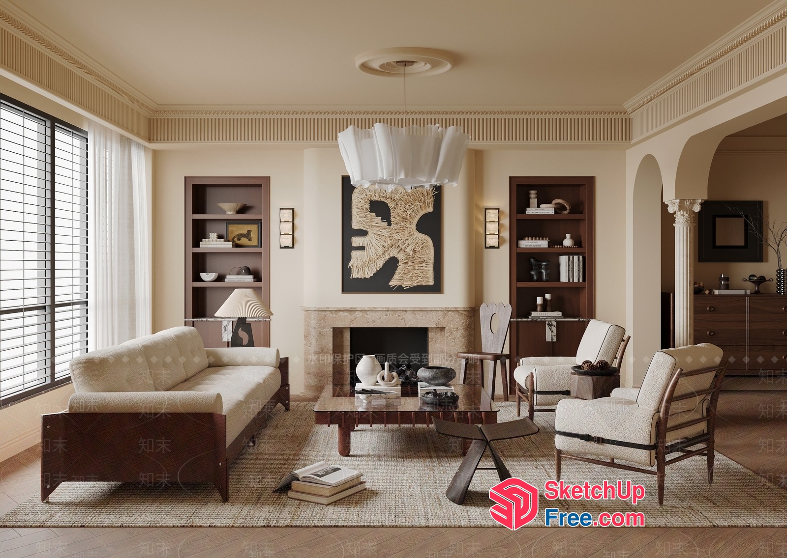 Elegant Creamy Style Living Room Interior 3D SketchUp File