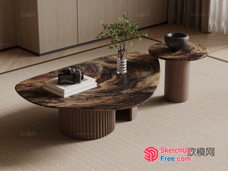 Elegant Coffee Table With Ornate Pillar And Stool 3D SketchUp File