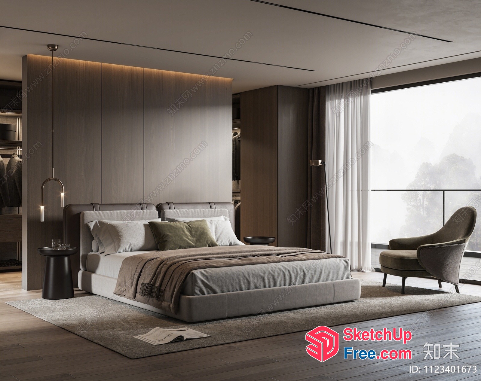 Modern Minimalist Bedroom With Large Window And Wooden Floor 3D SketchUp File