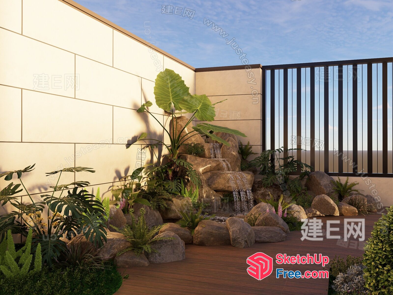 Serene Balcony Oasis With Waterfall And Lush Greenery 3D SketchUp File