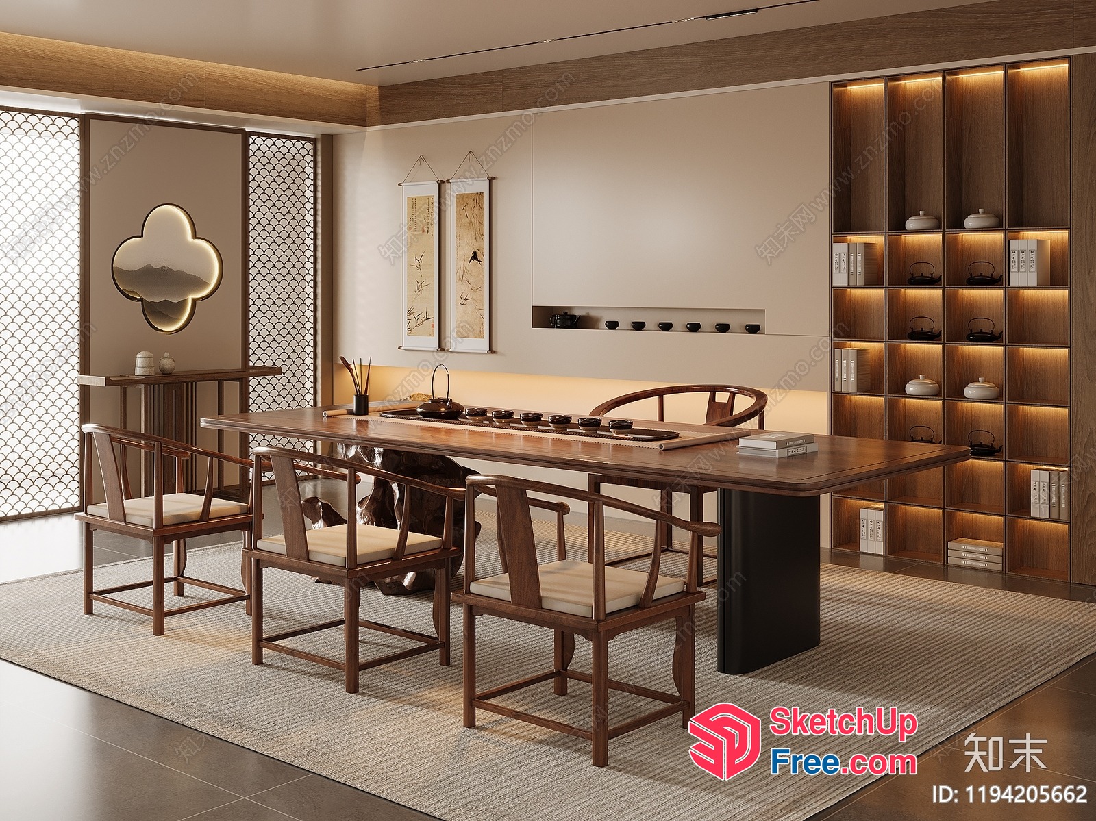 Elegant Modern Japanese-Style Dining Room With Natural Wood Accents 3D SketchUp File