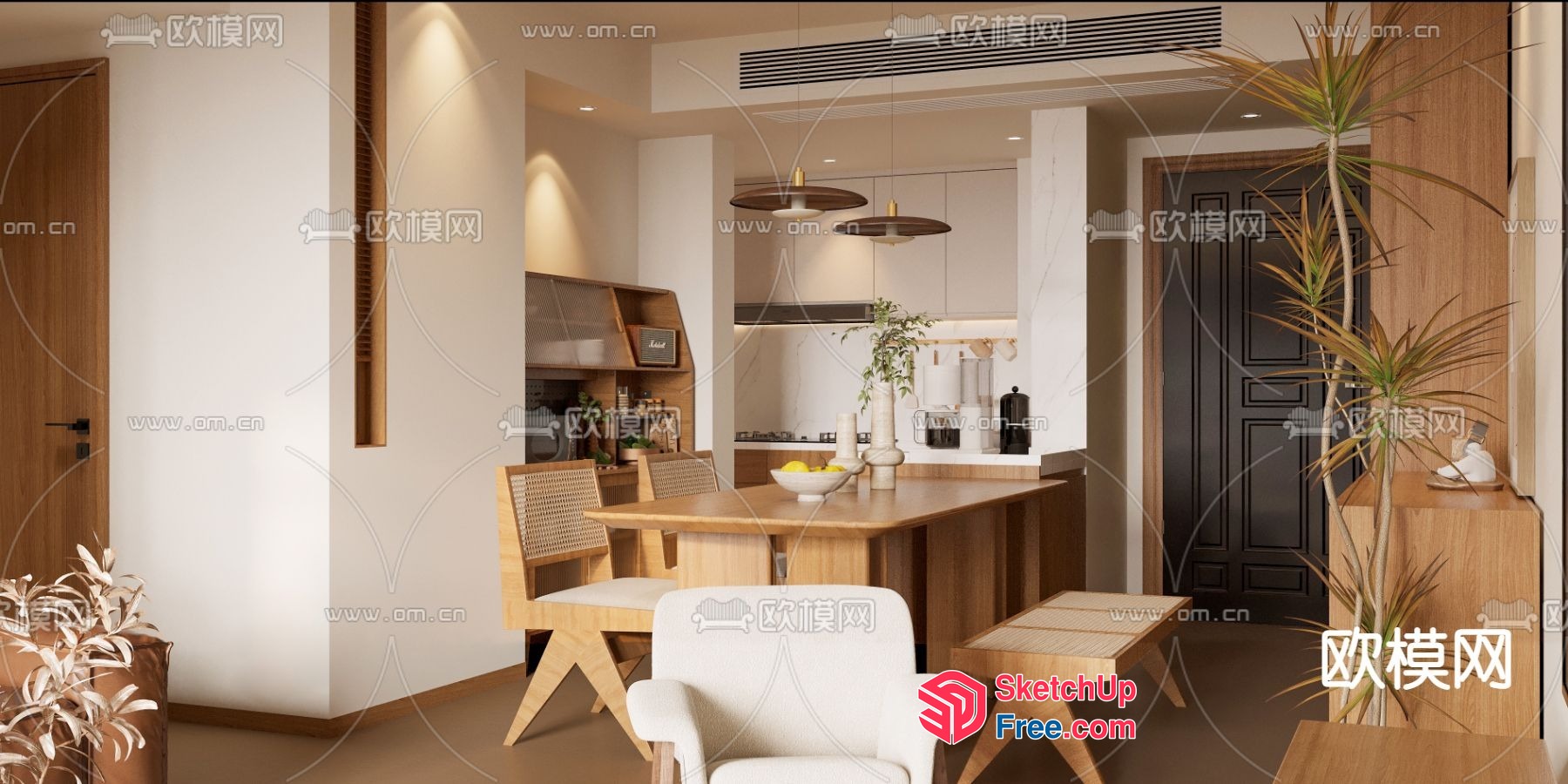 Modern Minimalist Dining Room With Wooden Furniture And White Walls 3D SketchUp File
