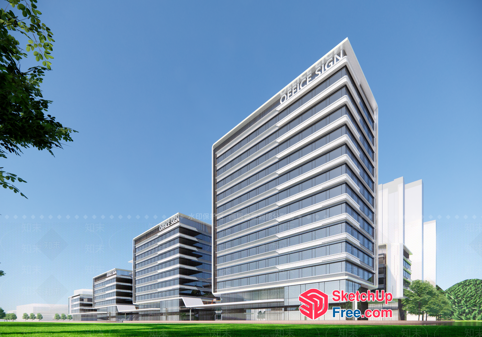 Office Building With Modern Design And Glass Curtain Wall 3D SketchUp File