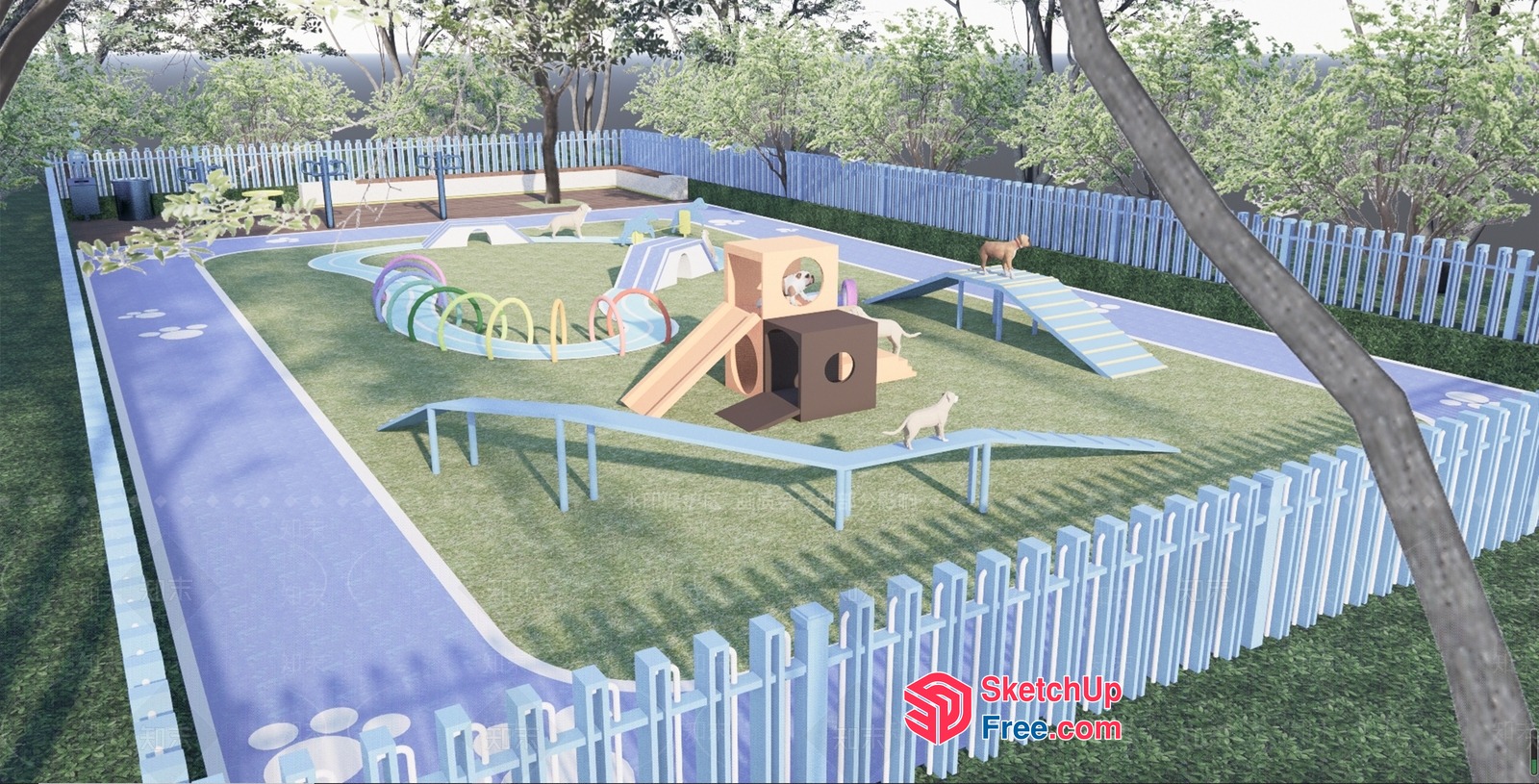 Dog-Friendly Playground With Agility Equipment And Shade 3D SketchUp File
