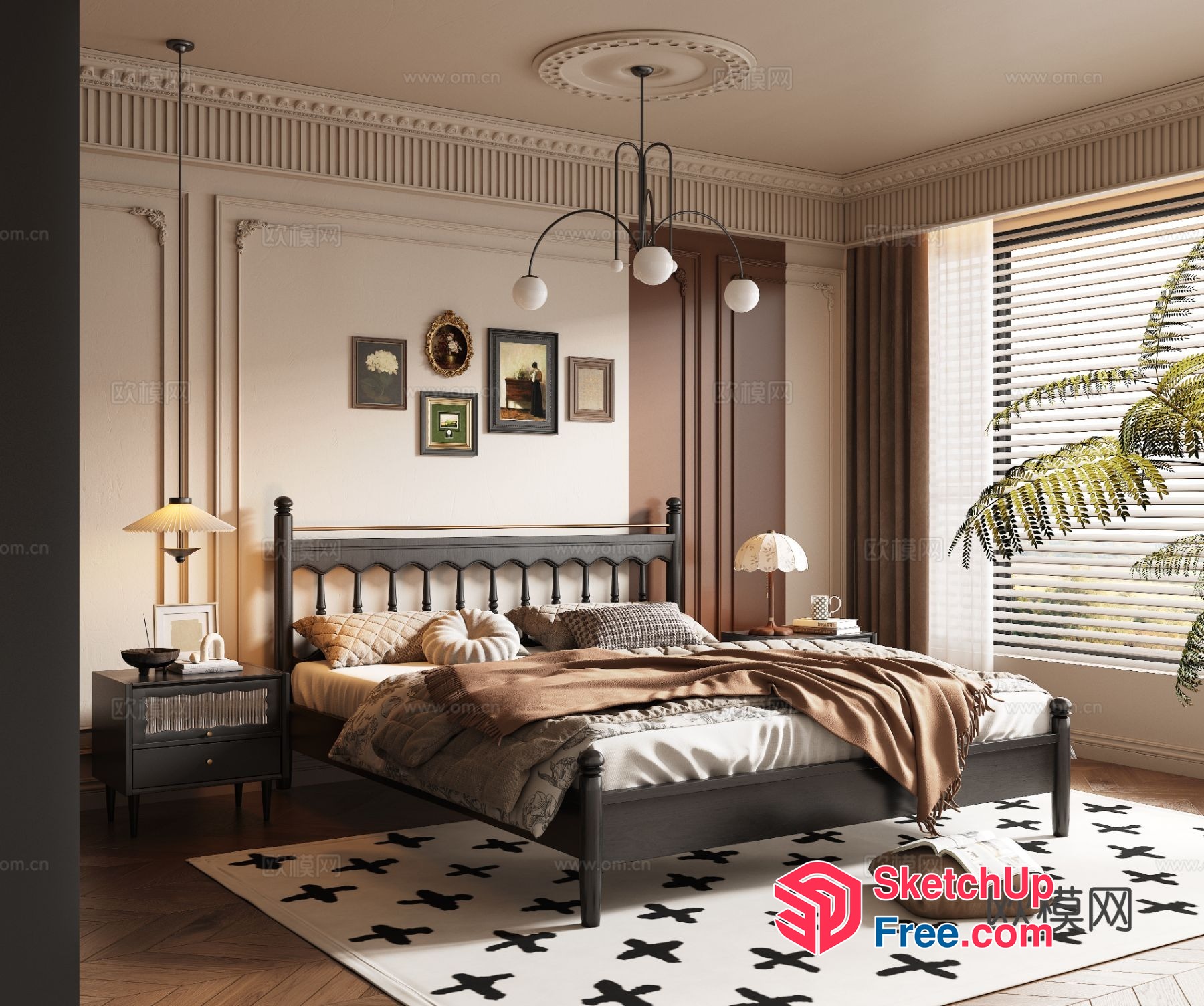 Vintage Style Bedroom With Classic Moulding And Pillars 3D SketchUp File