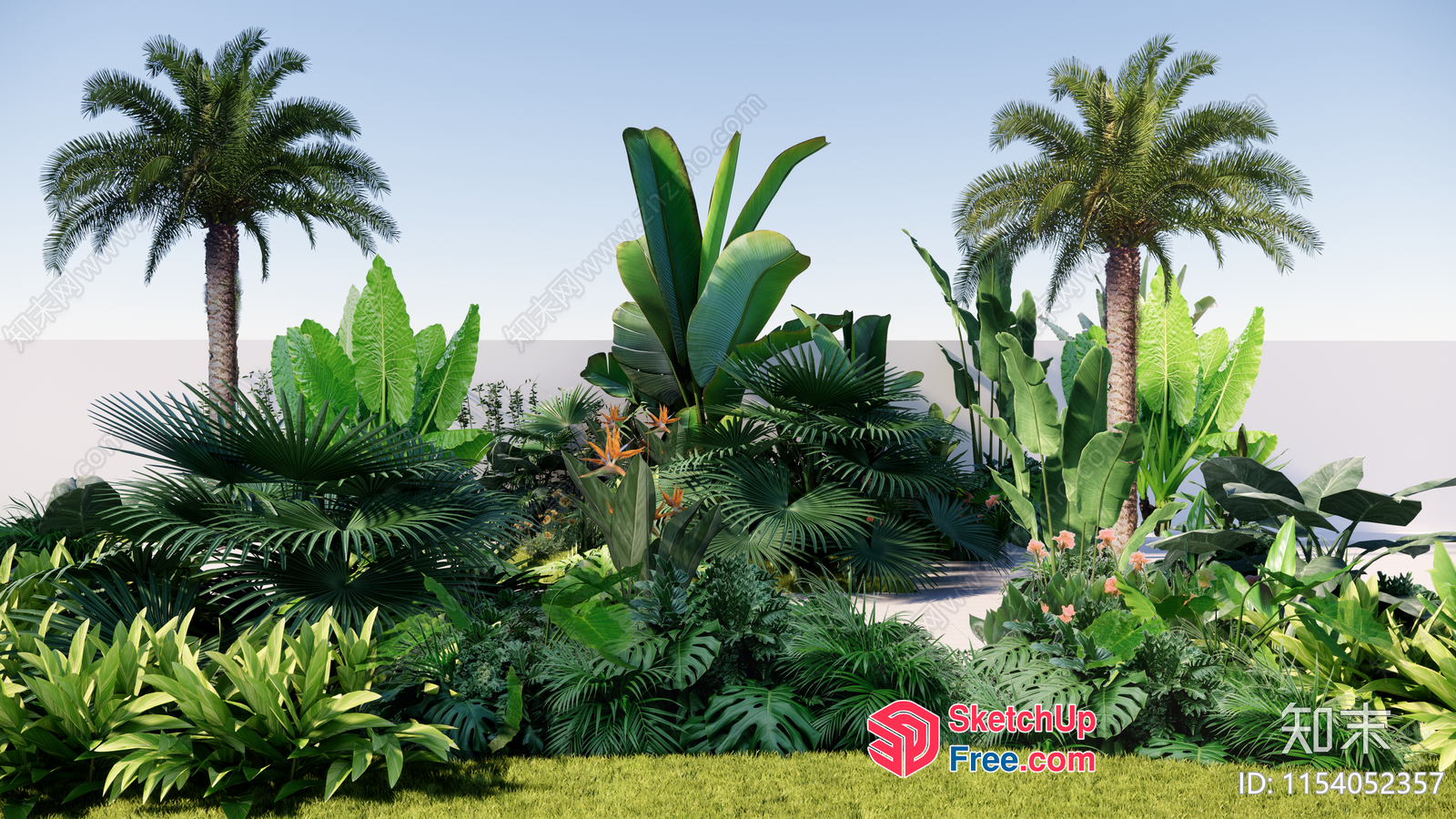 Tropical Garden Scene With Palm Trees And Various Plants 3D SketchUp File