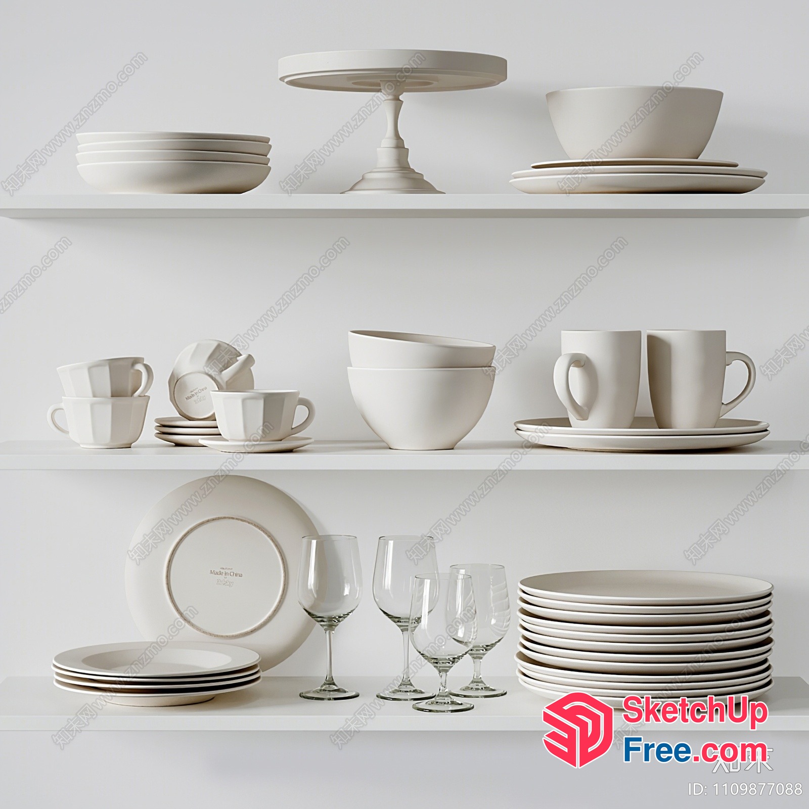 White Dinnerware Collection On White Shelves 3D SketchUp File
