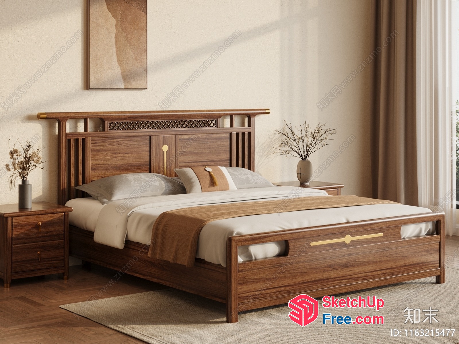 Elegant Wooden Bed With Matching Nightstands And Side Table 3D SketchUp File