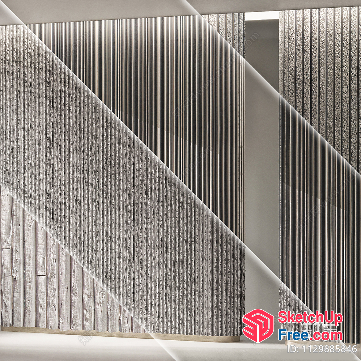 Modern Staircase With Textured Wall Panels 3D SketchUp File