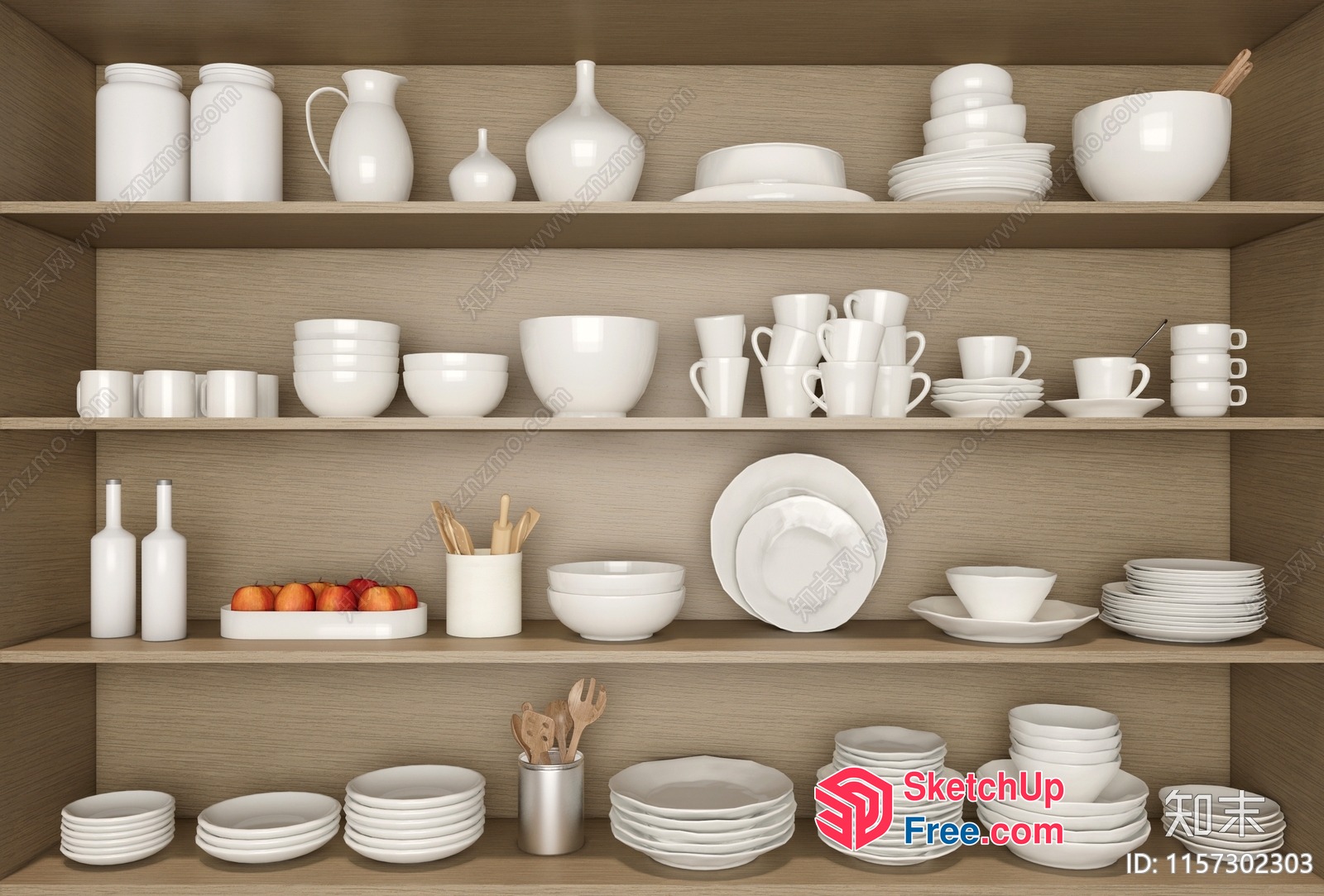 White Kitchenware On Wooden Shelves 3D SketchUp File