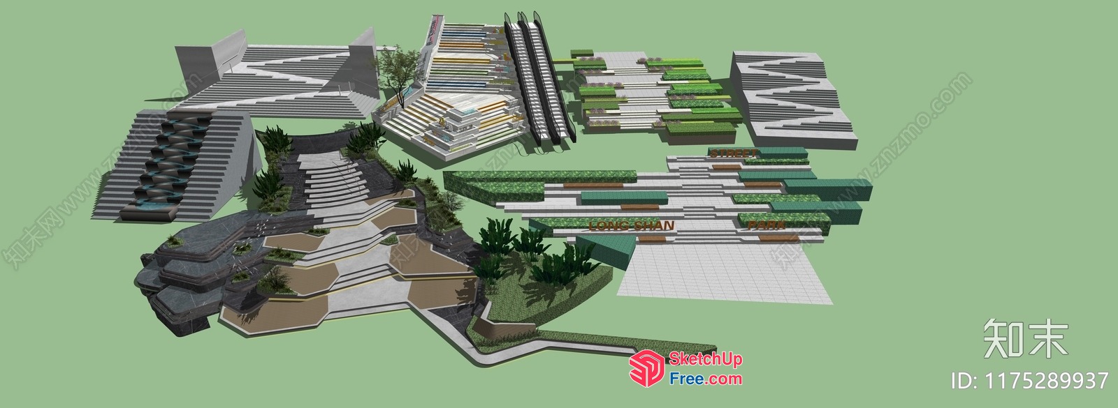3D Model Of A Modern Commercial Street With Various Buildings And Landscaping 3D SketchUp File