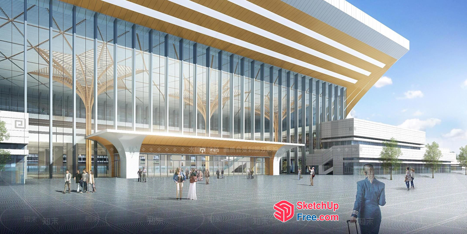 Large Modern Building With Glass Curtain Wall And Railing 3D SketchUp File