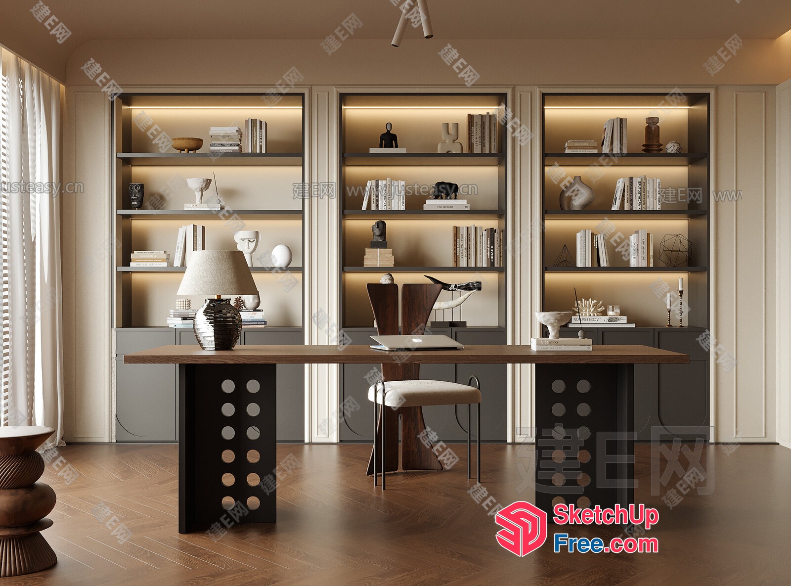 Modern Minimalist Office Space With Wooden Desk And Bookshelf 3D SketchUp File