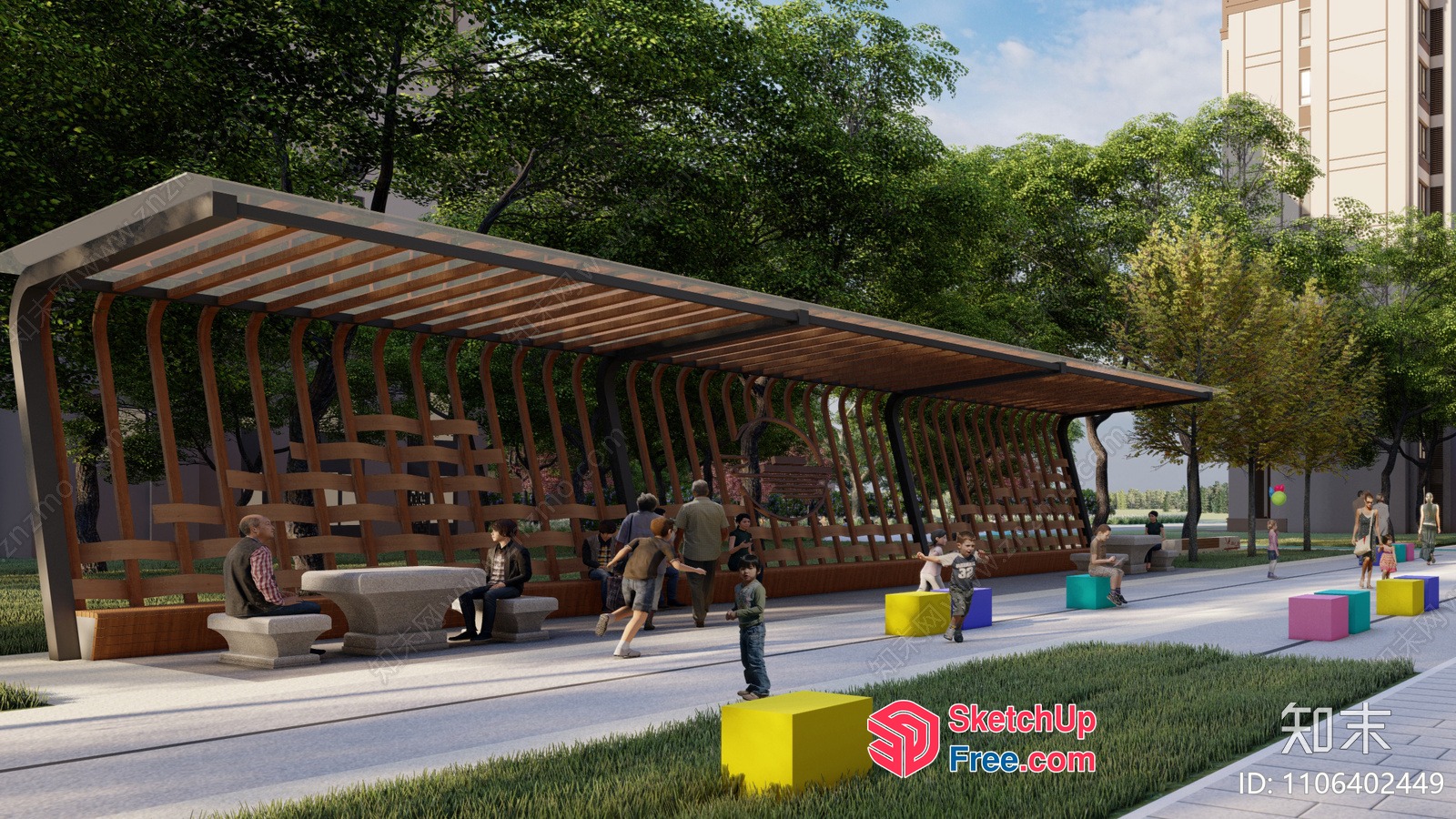 Outdoor Seating Area With Wooden Structure And Colorful Cubes 3D SketchUp File
