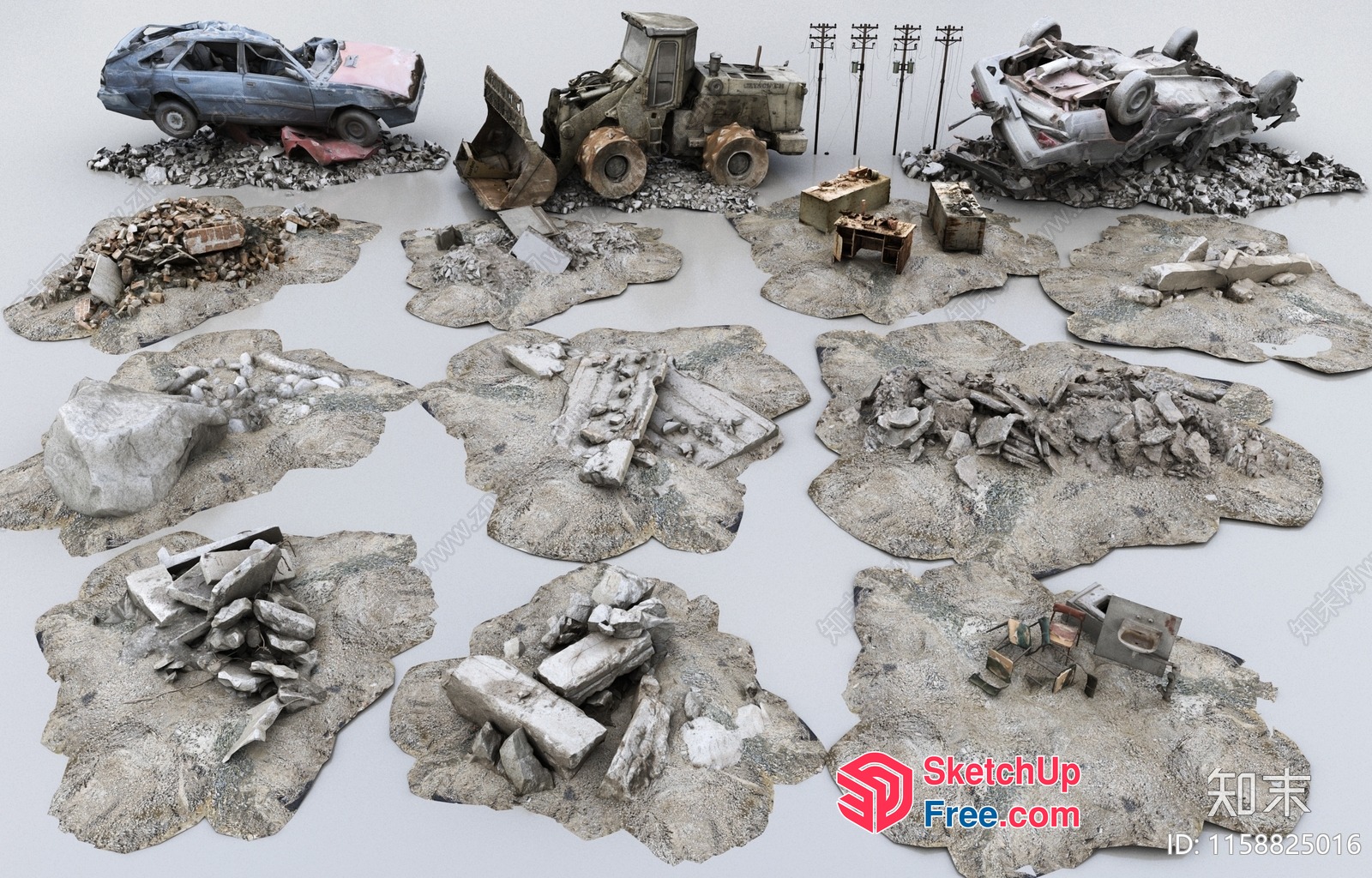 Damaged Vehicles And Debris In A Post-Apocalyptic Landscape 3D SketchUp File