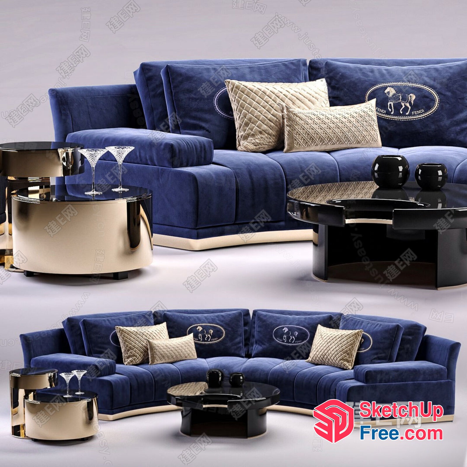 Elegant Blue Velvet Sofa With Golden Accents And Pillows 3D SketchUp File