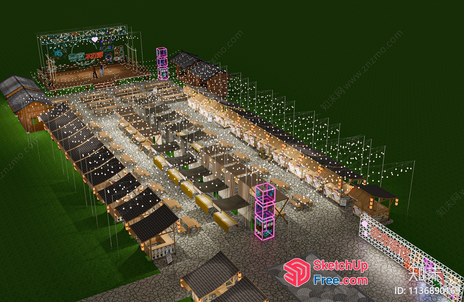 Night Market With Food Trucks And Stalls 3D SketchUp File