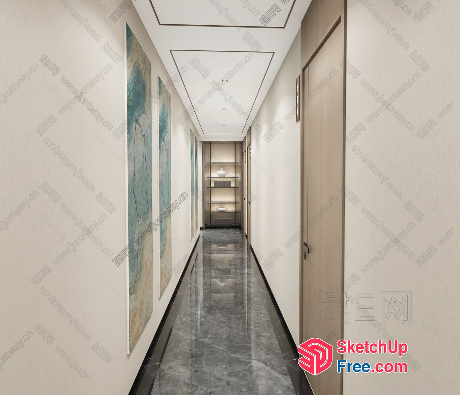 A Long, Narrow Corridor With A Door And Marble Floor 3D SketchUp File