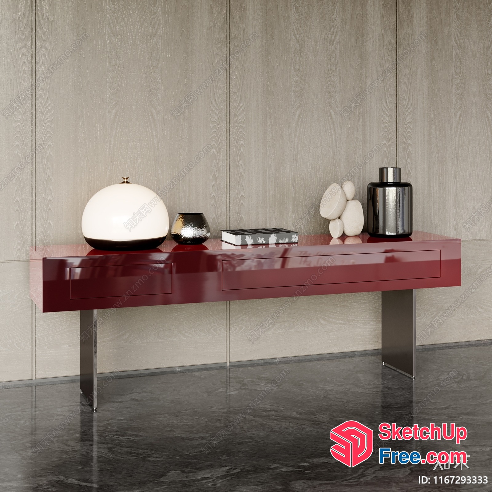 Red Console Table With Decorative Items 3D SketchUp File