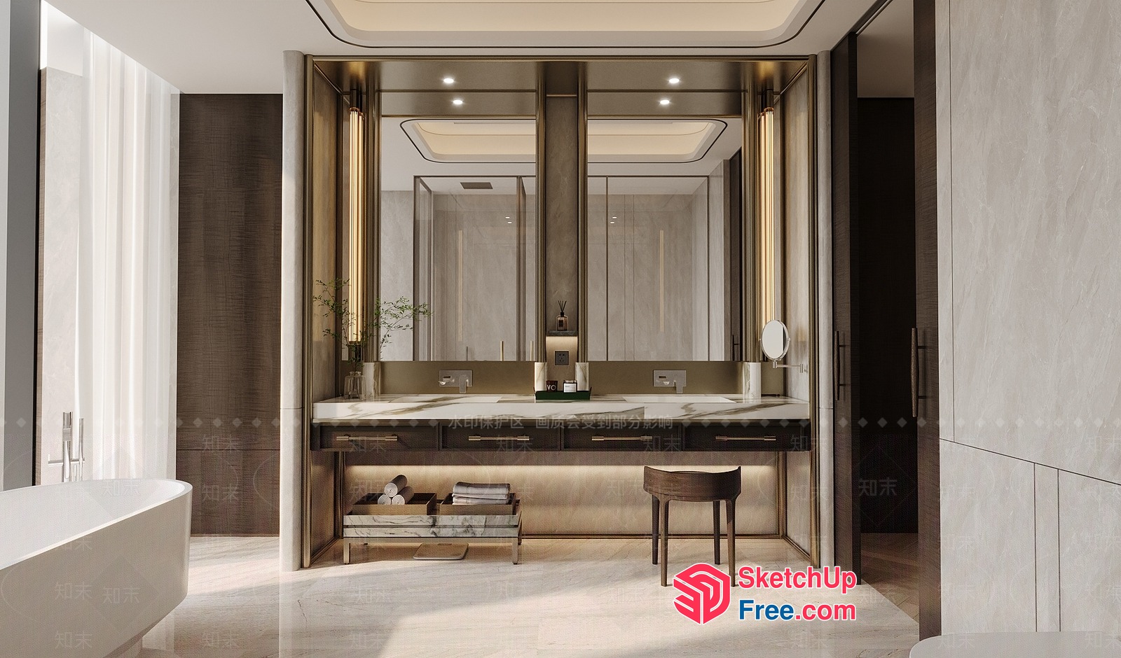 Modern Bathroom Interior Design With Marble And Wood Accents 3D SketchUp File