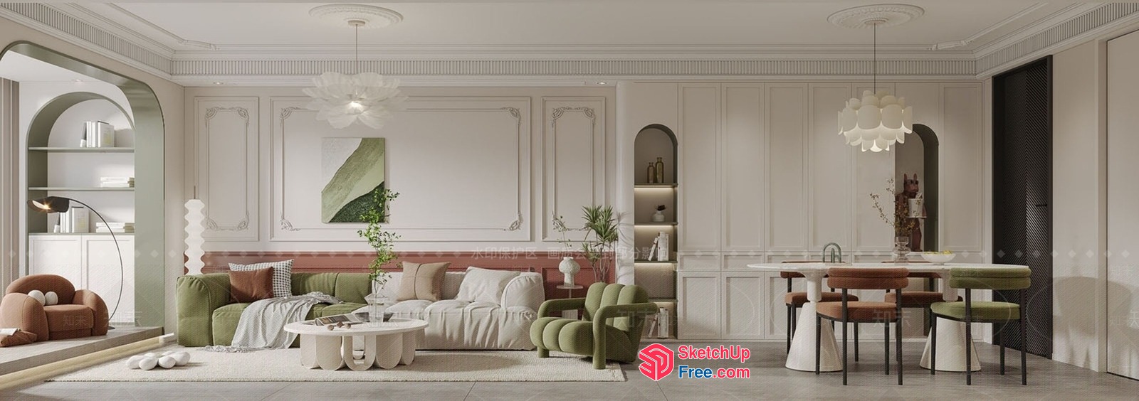 Elegant And Modern Living Room With Creamy And Green Accents 3D SketchUp File