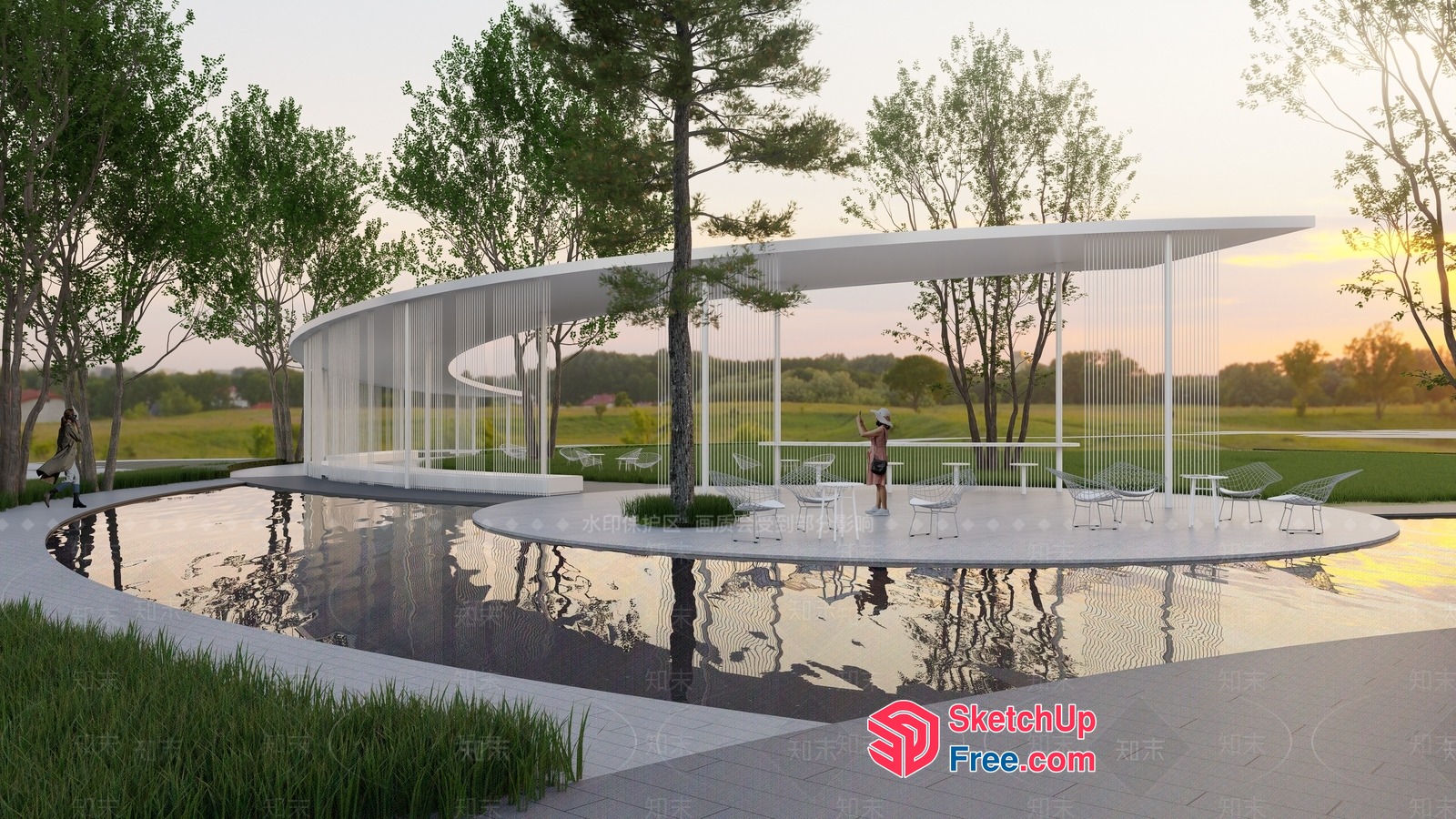 Modern Glass And White Outdoor Pavilion With Curved Roof And Pool 3D SketchUp File