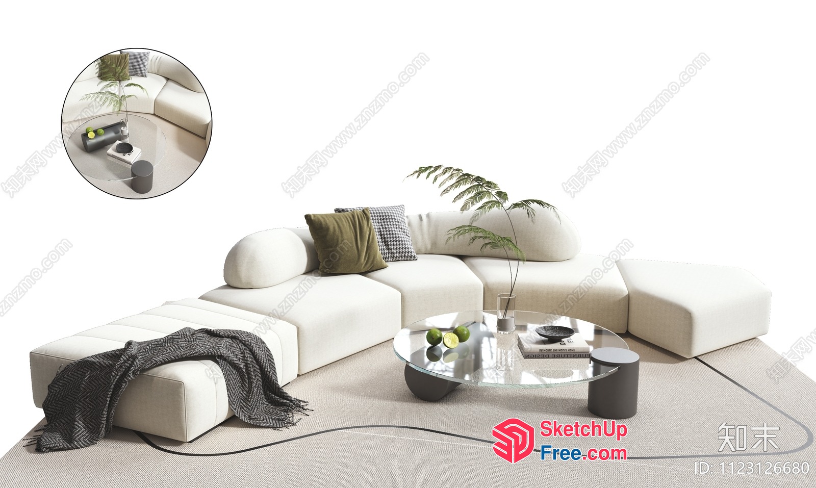 Modern Minimalist Living Room With White Sofa And Glass Coffee Table 3D SketchUp File