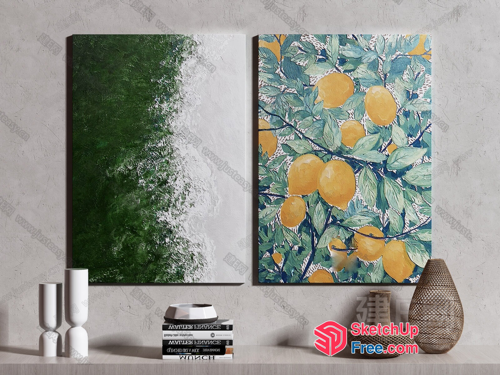 Vibrant Artwork And Decorative Vases On A Light Grey Wall 3D SketchUp File