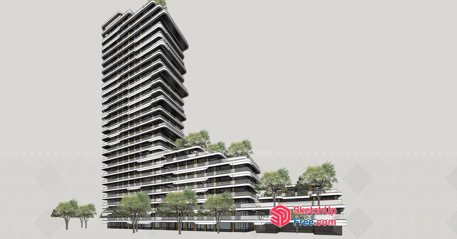 Modern Building Exterior With Trees And Balconies 3D SketchUp File