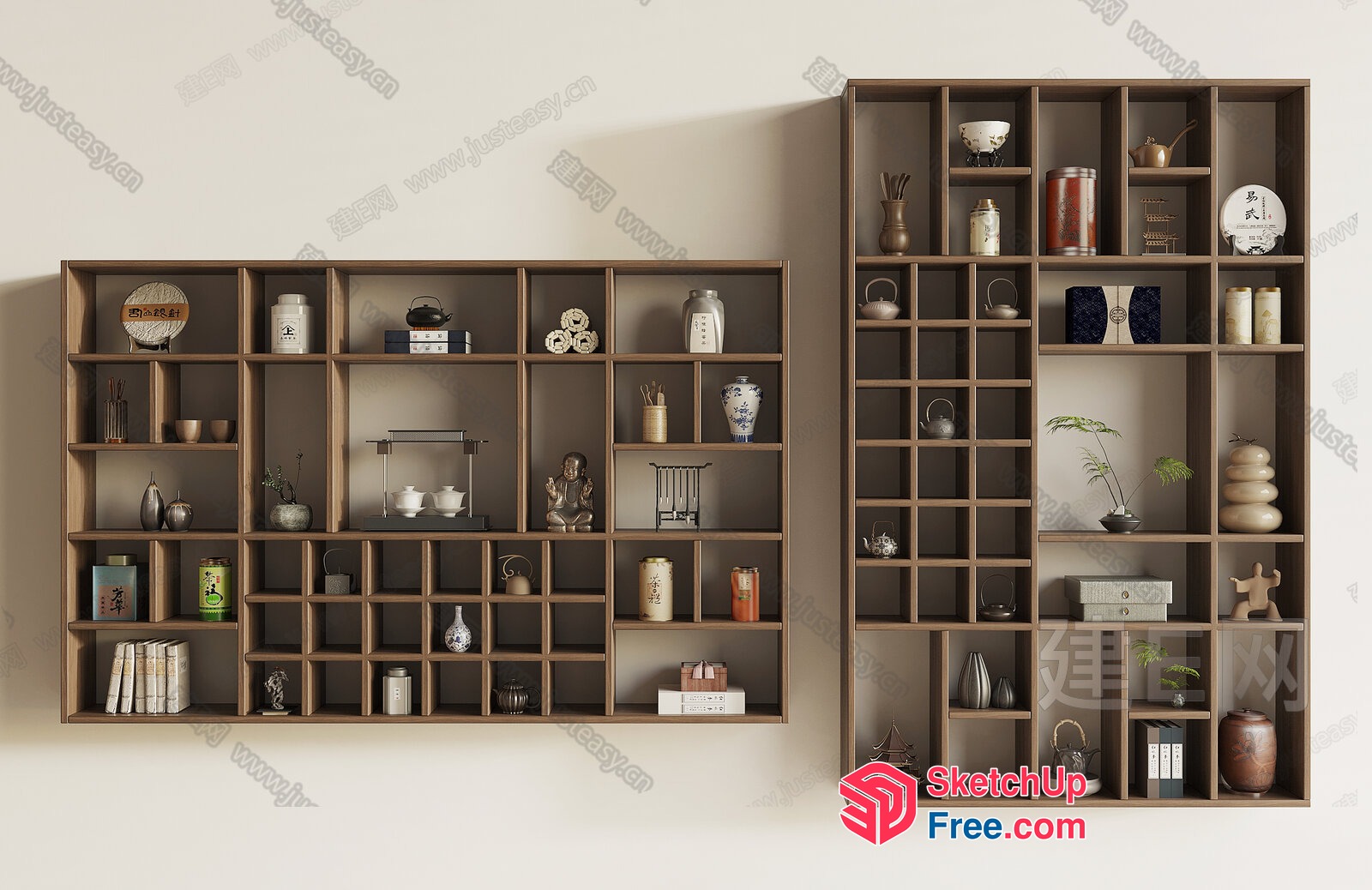 Asian-Inspired Shelf Decor With Traditional Items 3D SketchUp File