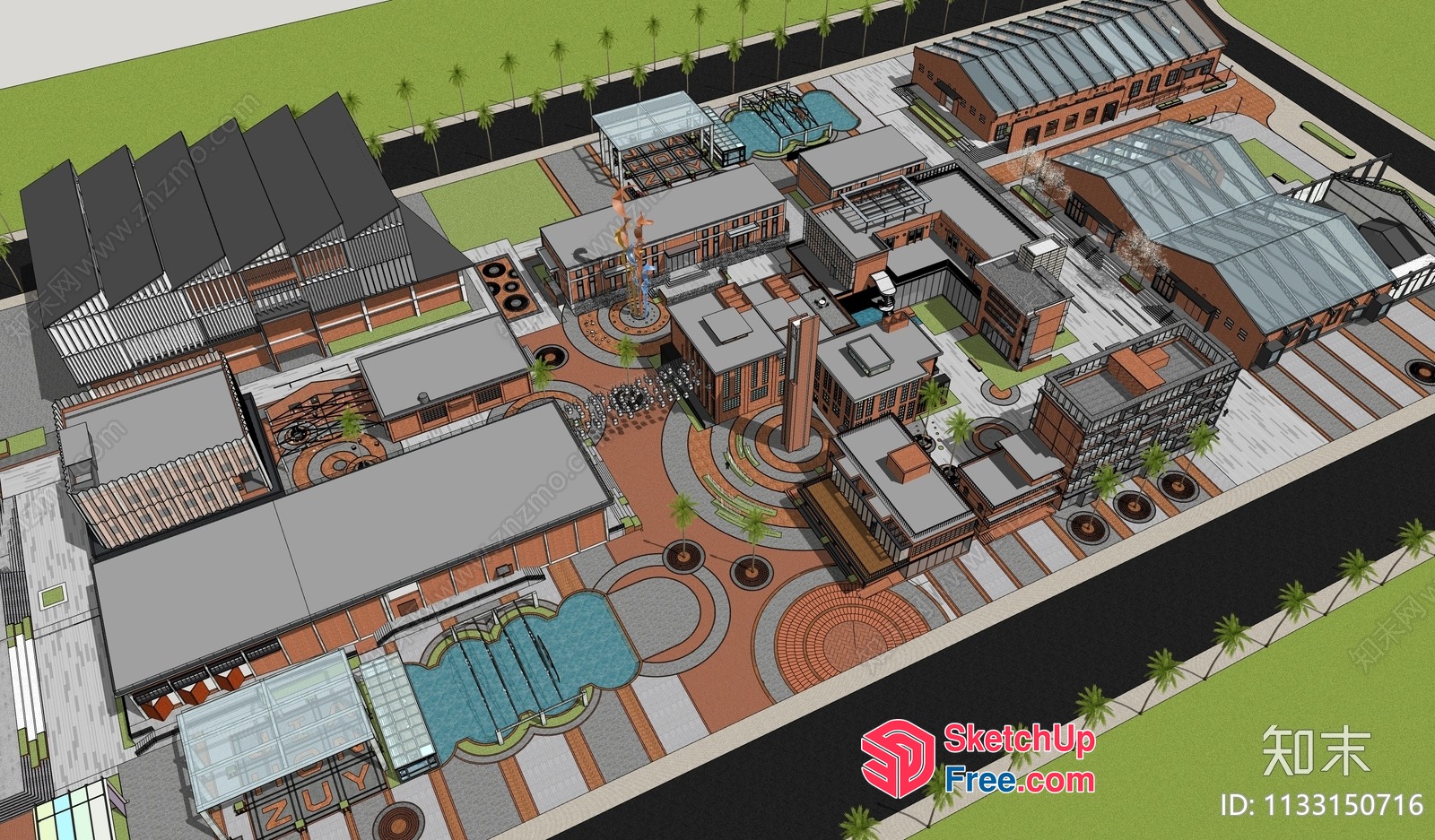 Modern Industrial Park With Commercial Street And Buildings 3D SketchUp File