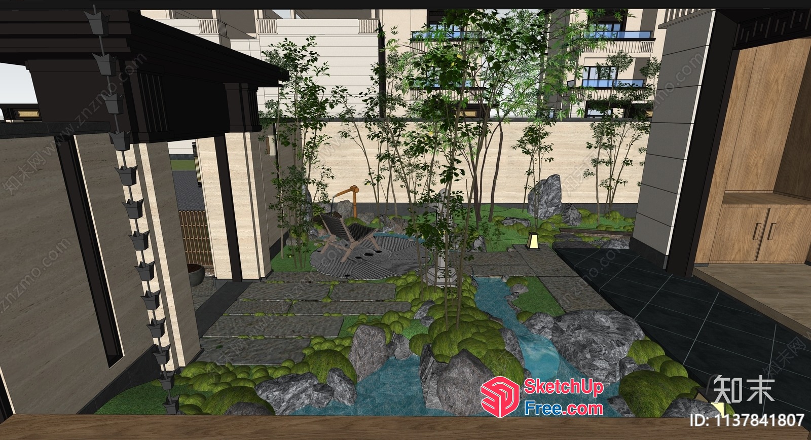 Japanese Style Courtyard With Rockery And Water Feature 3D SketchUp File