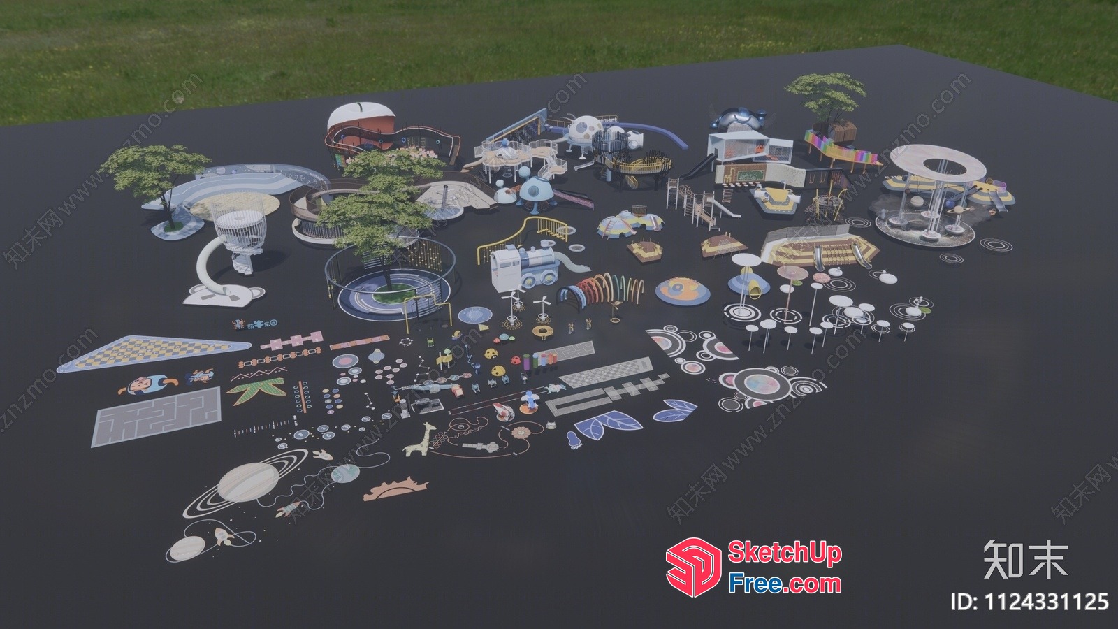 A 3D Rendering Of A Futuristic Park With Various Structures 3D SketchUp File