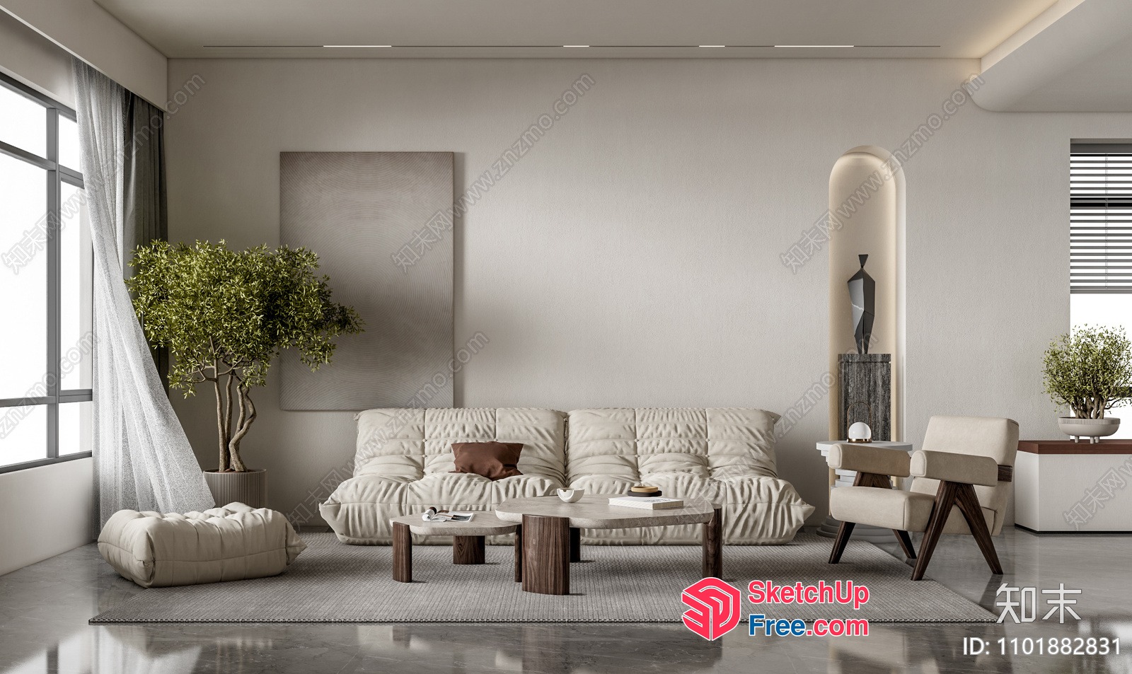 Modern Minimalist Living Room With Creamy Style 3D SketchUp File