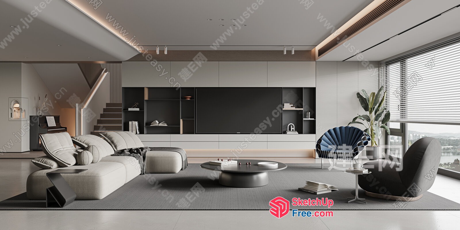 Modern Minimalist Living Room With Large Windows 3D SketchUp File