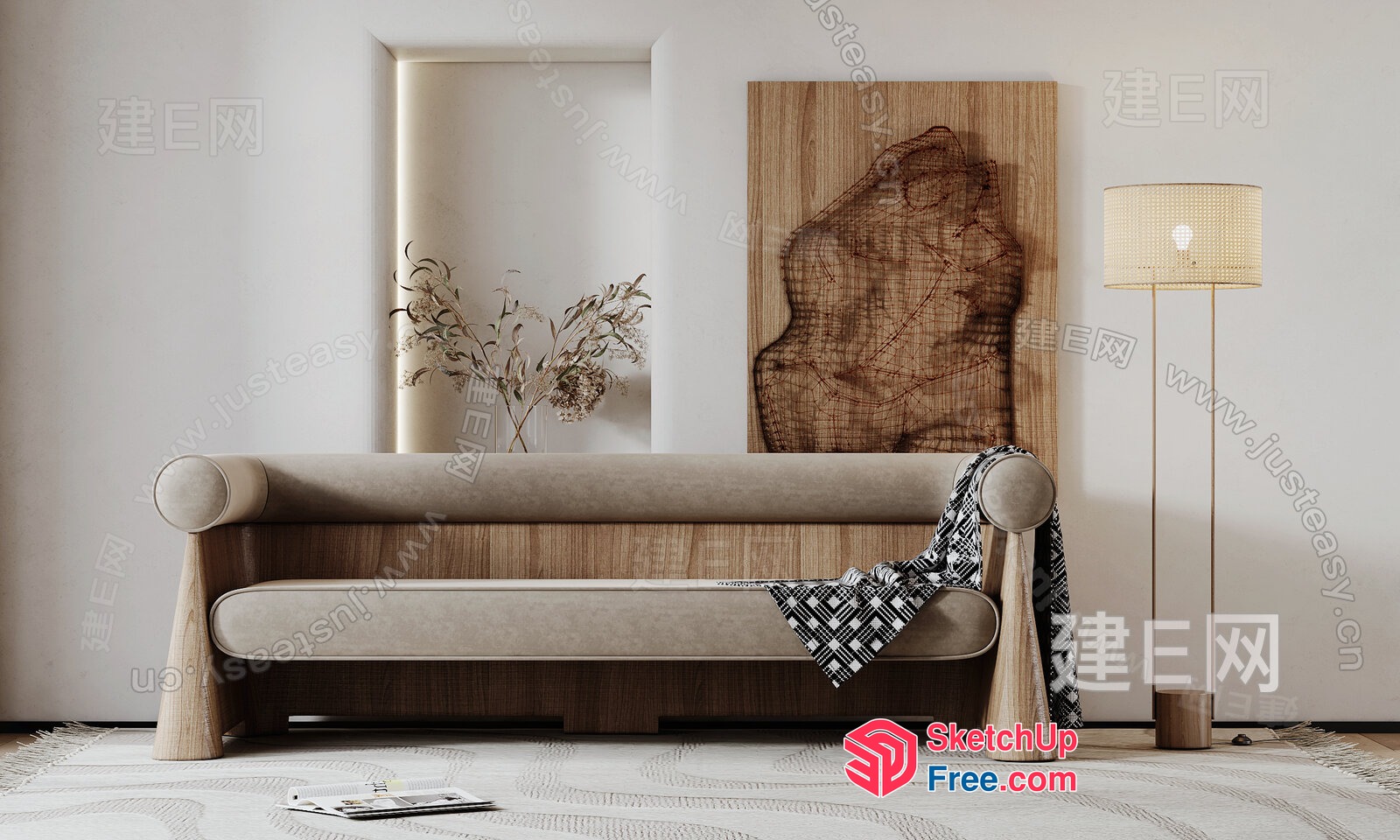 Modern Japanese-Style Sofa With Natural Wood Accents 3D SketchUp File