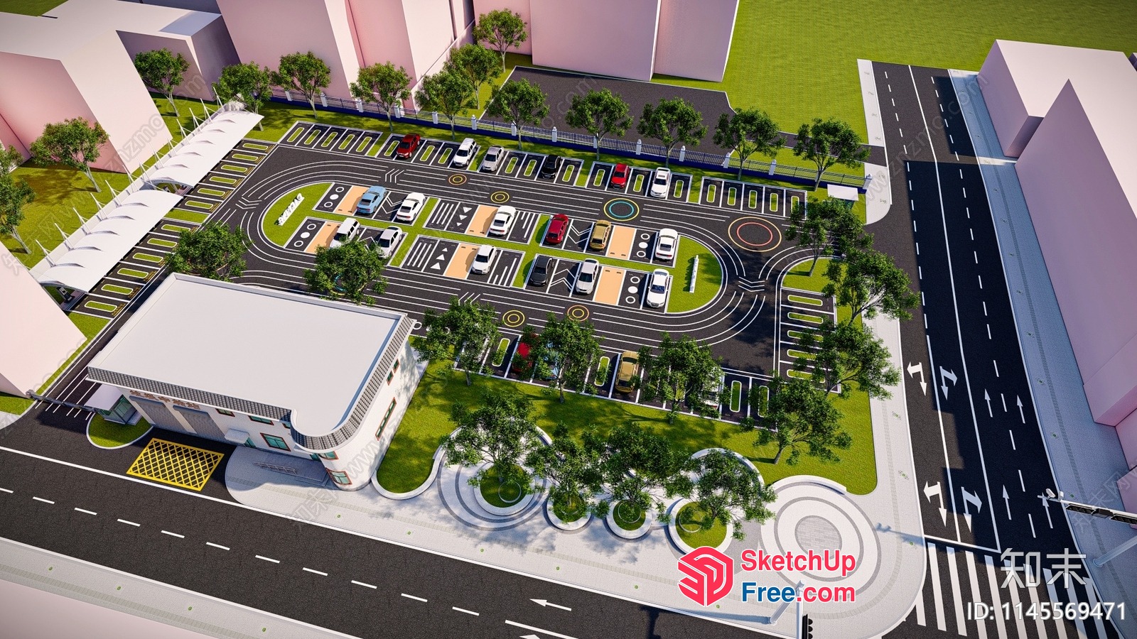 Parking Lot With Cars And Buildings 3D SketchUp File