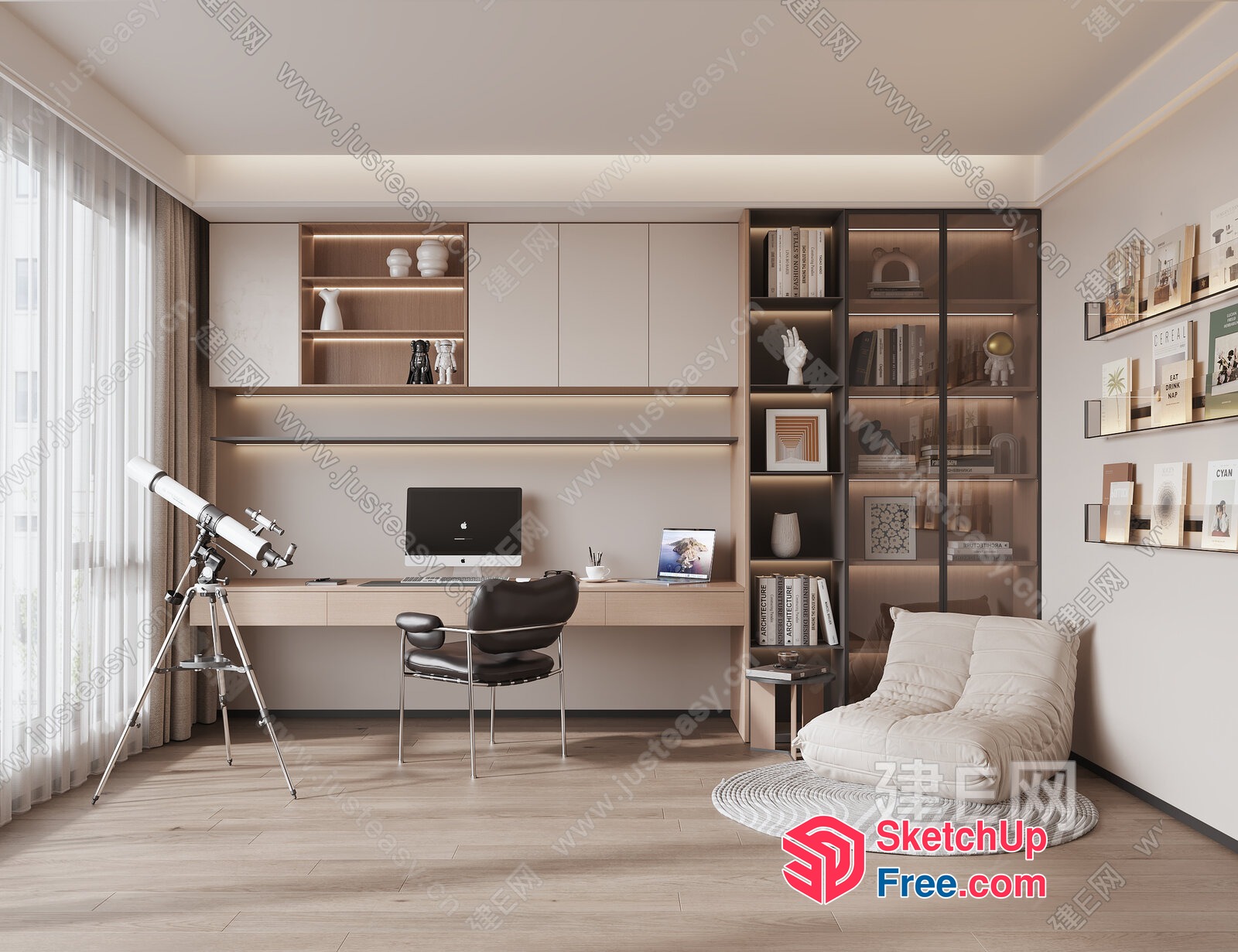 Minimalist Study Room With Telescope And Bookshelf 3D SketchUp File