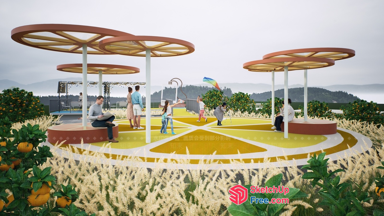 Colorful Outdoor Recreation Area With Circular Canopies 3D SketchUp File