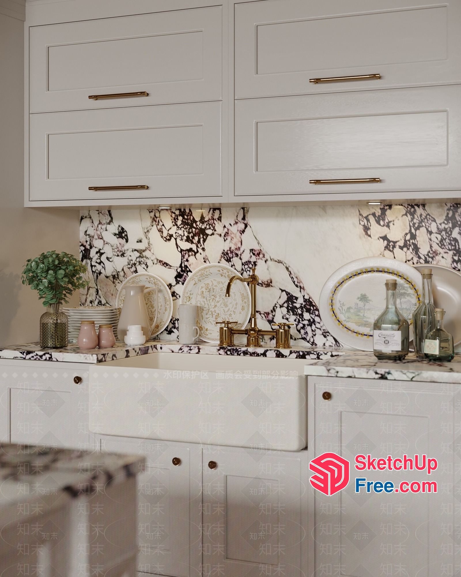 Elegant White Kitchen With Marble Countertops And Backsplash 3D SketchUp File
