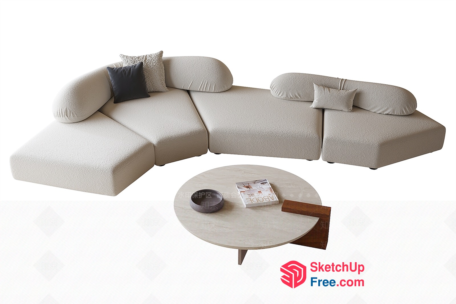 Minimalist L-Shaped Sofa With Pillows And Coffee Table 3D SketchUp File