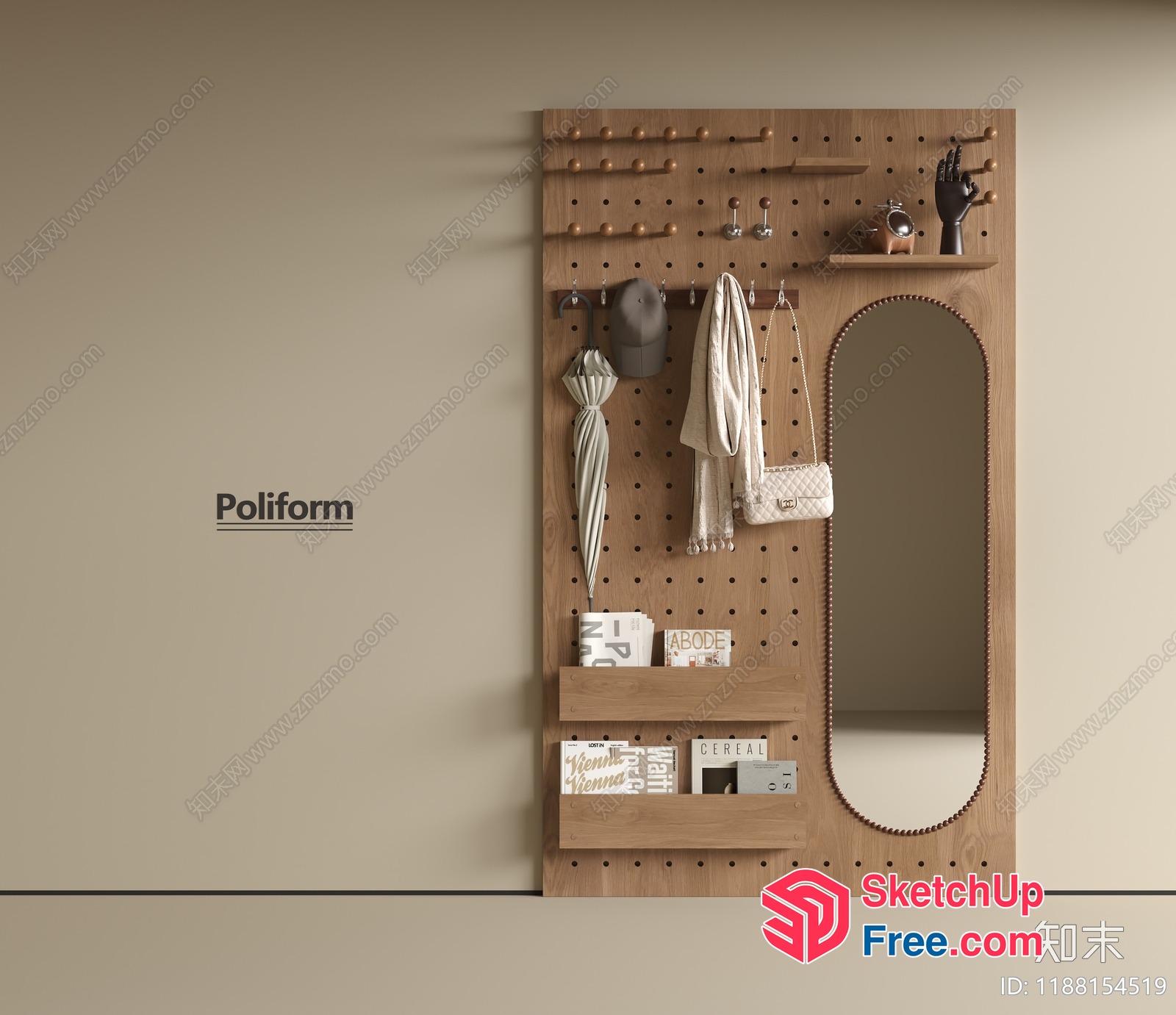 Modern Wood Wall-Mounted Storage With Mirror 3D SketchUp File